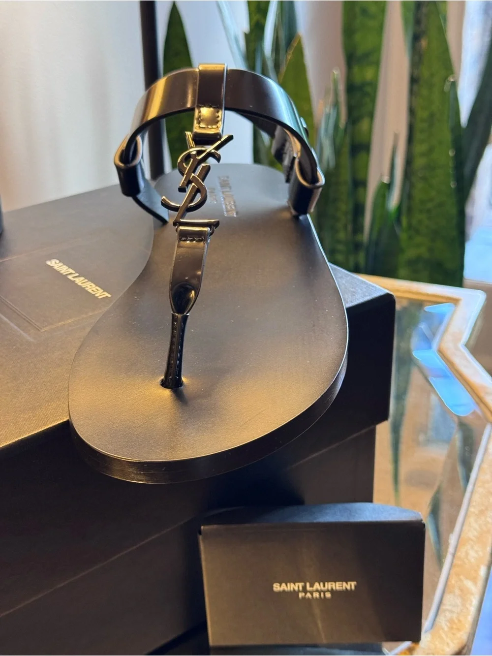 AUTHENTIC Saint Laurent Cassandre Leather Sandals In Black - Size 42